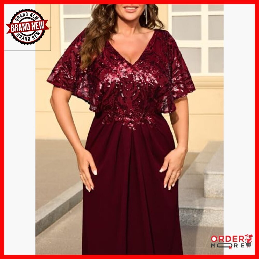Plus Size Sequin Formal Evening Dress V-Neck Cape Sleeve Maxi - Picture 5 of 5
